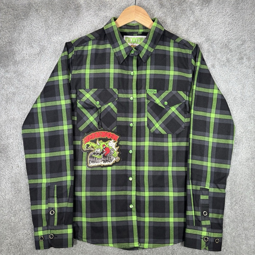 Dixxon The Shifter Flannel Shirt Mens M Green Black Plaid Pearl Snap NWT